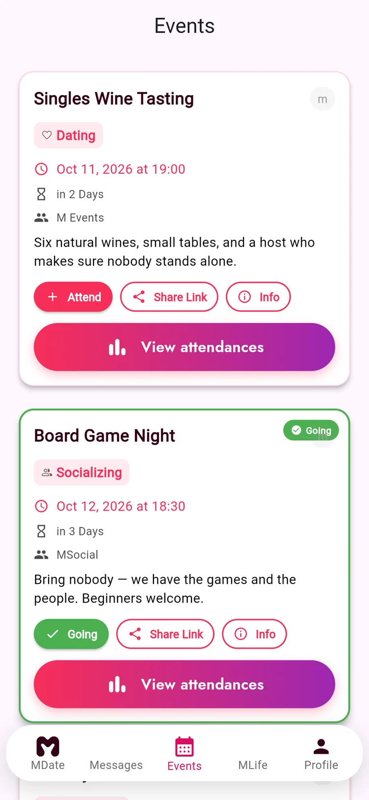 M app: upcoming events with who is going